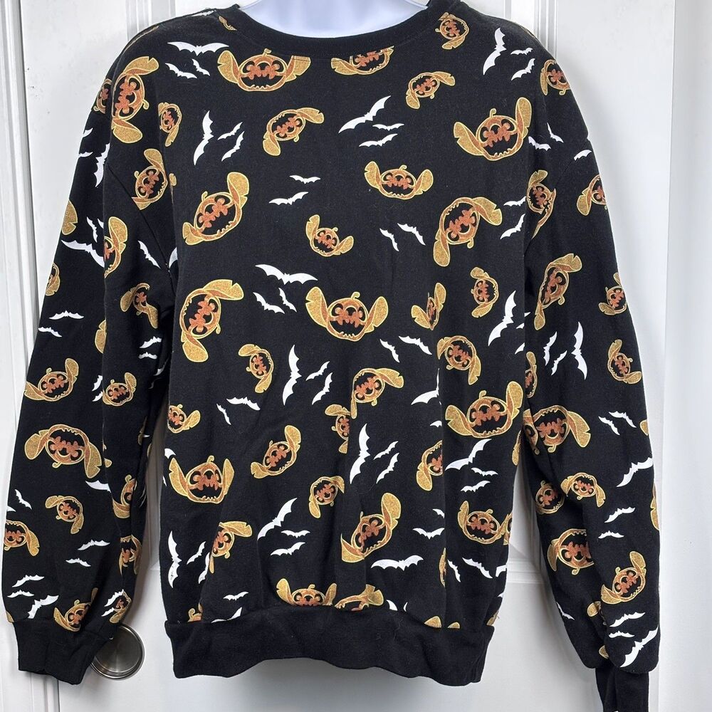 Disney Stitch Black Pumpkin Jack o lantern Bat Sweatshirt Halloween M(7-9)